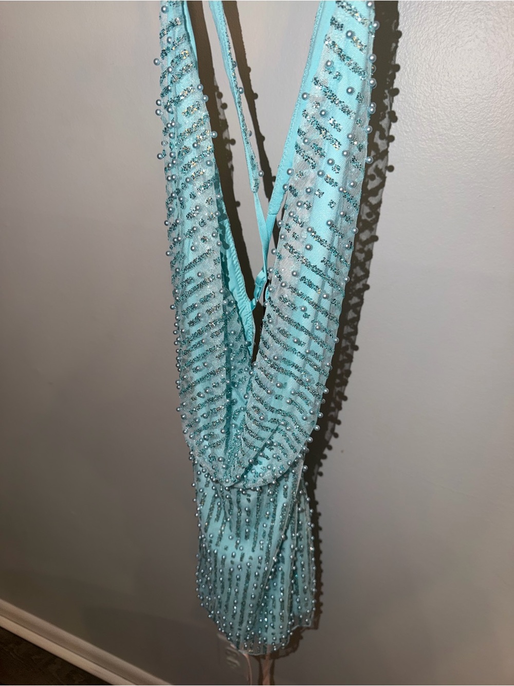Oh Polly Aqua Blue Beaded Cowl Mini Dress - Picture 4 of 6
